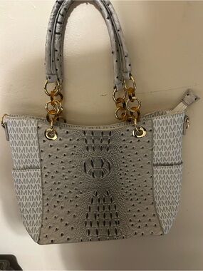 Mia K MKF Collection Embelished Faux Gator Gray Bag Purse 14" X 11" Side Pockets